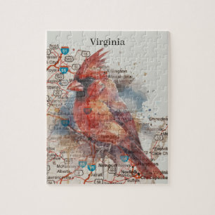 Kardinal auf Virginia-Straßenkarte Aquarell-Kunst Puzzle