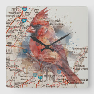 Kardinal auf Virginia-Straßenkarte Aquarell-Kunst Quadratische Wanduhr
