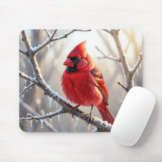 Kardinal auf Winterzweig mit Eiszapfen Mousepad (Mit Mouse)