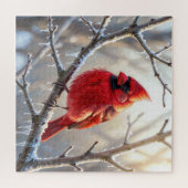 Kardinal auf Winterzweig mit Eiszapfen Puzzle (Horizontal)