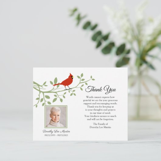 Kardinal Beerdigung Danke Foto Note Card (Stehend Vorderseite)