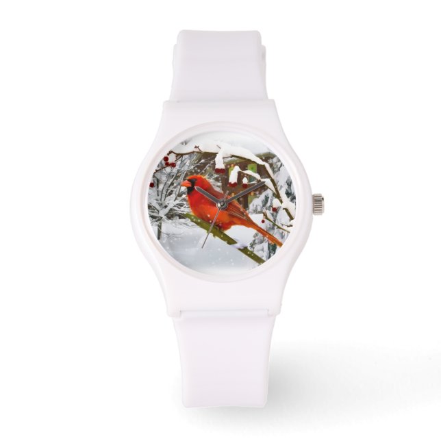 Kardinal Bird im Schnee Armbanduhr (Vorderseite)