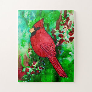 Kardinal Bird Red Green Colorful Forest Water colo Puzzle