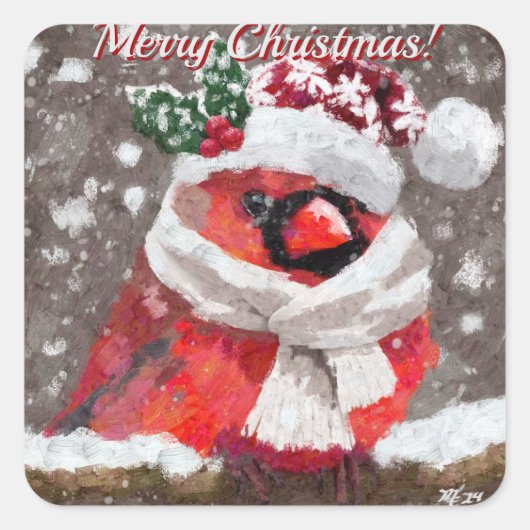 Kardinal Bird Scarf Hat Snow Holiday Quadratischer Aufkleber (Vorderseite)
