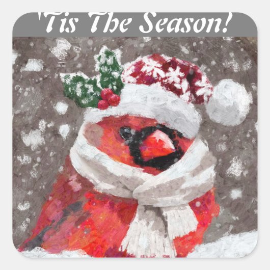 Kardinal Bird Scarf & Hat zu Weihnachten Quadratischer Aufkleber (Vorderseite)