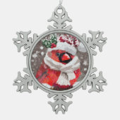 Kardinal Bird Scarhat Schnee Weihnachten Saison Schneeflocken Zinn-Ornament (Vorderseite)