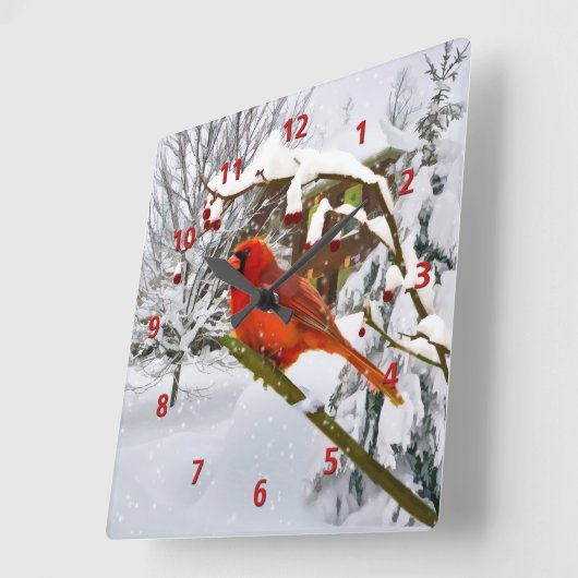 Kardinal Bird, Schnee, Winter Quadratische Wanduhr (Winkel)