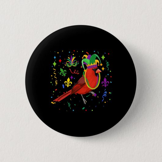 Kardinal Bird Wearing Mardi Gras Beads Jester Hat Button (Vorderseite)