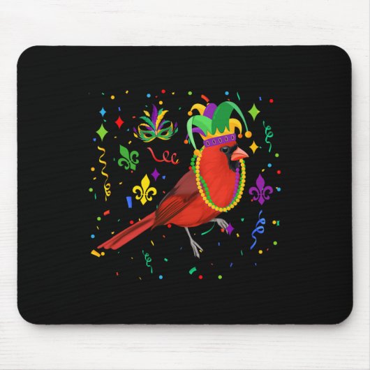 Kardinal Bird Wearing Mardi Gras Beads Jester Hat Mousepad (Vorne)
