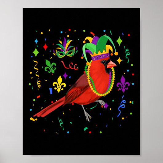 Kardinal Bird Wearing Mardi Gras Beads Jester Hat Poster (Vorne)