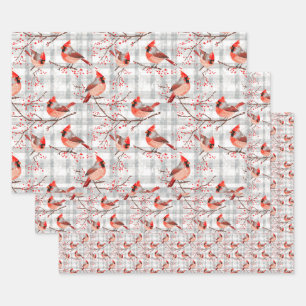 Kardinal Birds Winter Weihnachten Tartan Kariert 2 Geschenkpapier Set