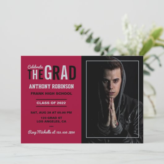 Kardinal, Black and Silver Graduation Party Foto Einladung (Stehend Vorderseite)