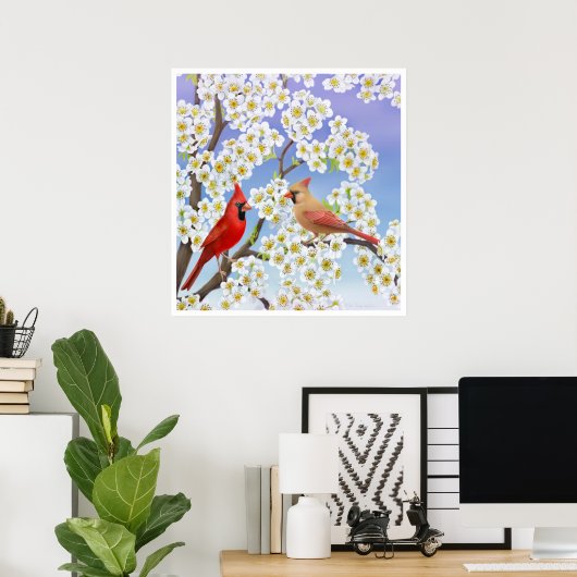 Kardinal Couple in Apfelblüten drucken Poster (Heimbüro)