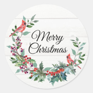 Kardinal Frohe Weihnachtswasserfarbe Wreath Runder Aufkleber
