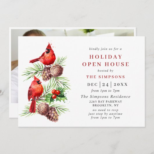 Kardinal Holly Berry Holiday Christmas Open House Einladung (Vorne/Hinten)