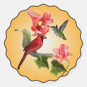 Kardinal & Hummingbird mit rosa Lilien Runder Aufkleber