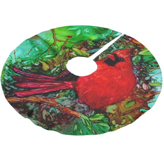Kardinal im Baum Polyester Weihnachtsbaumdecke (Schrägansicht)