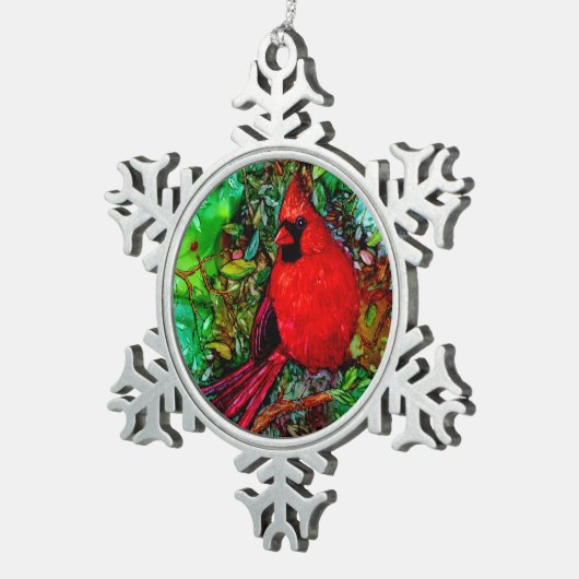Kardinal im Baum Schneeflocken Zinn-Ornament (Rechts)