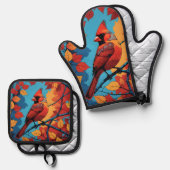Kardinal im Herbst Ofenhandschuh & Topflappen-Set (Vorderseite/Rückseite)