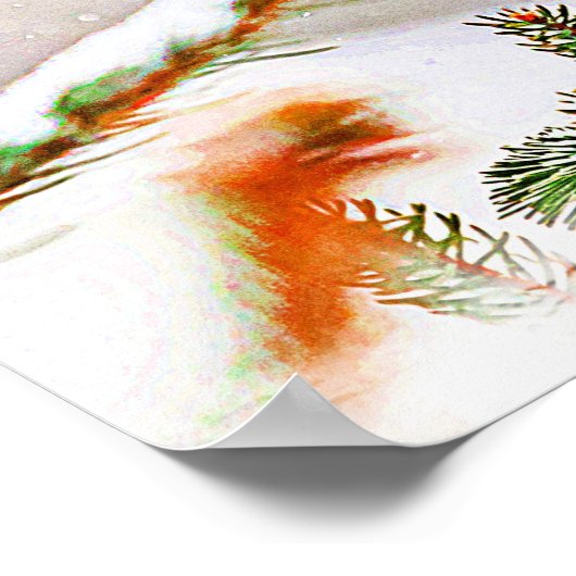 Kardinal im Winter in einem Kiefernwald Poster (Ecke)