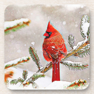 Kardinal im Winter in einem Kiefernwald Untersetzer