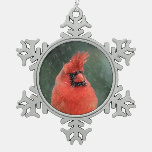 Kardinal in einem Kiefernbaum während eines Schnee Schneeflocken Zinn-Ornament (Vorderseite)