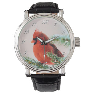 Kardinal in schneebedecktem Tannenbaum Armbanduhr