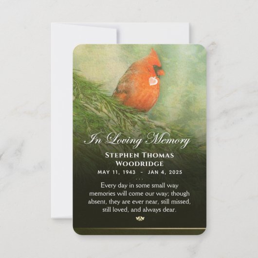 Kardinal in Spruce 3.5 x 5 Beileid Dankeschön Kart (Rückseite)