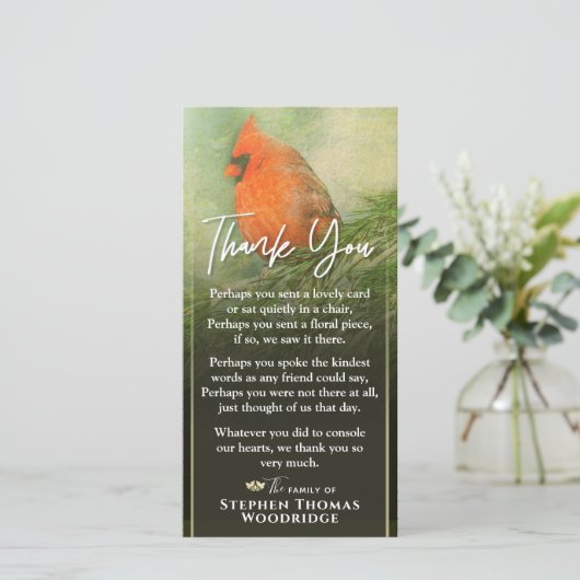 Kardinal in Spruce 4x8 Beileid Danke, Gedicht Dankeskarte (Stehend Vorderseite)