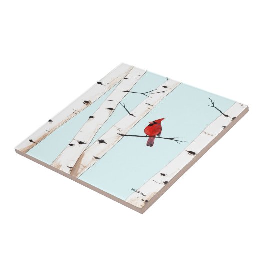 Kardinal mit Birken-Bäumen Fliese (Seite)