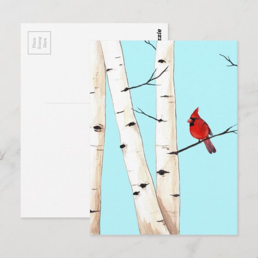 Kardinal mit Birkenbäumen Postkarte (Vorne/Hinten)