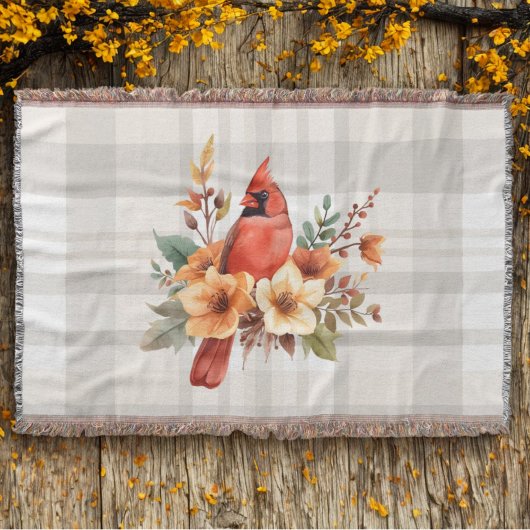 Kardinal mit Herbst-Blume und Kariert Decke