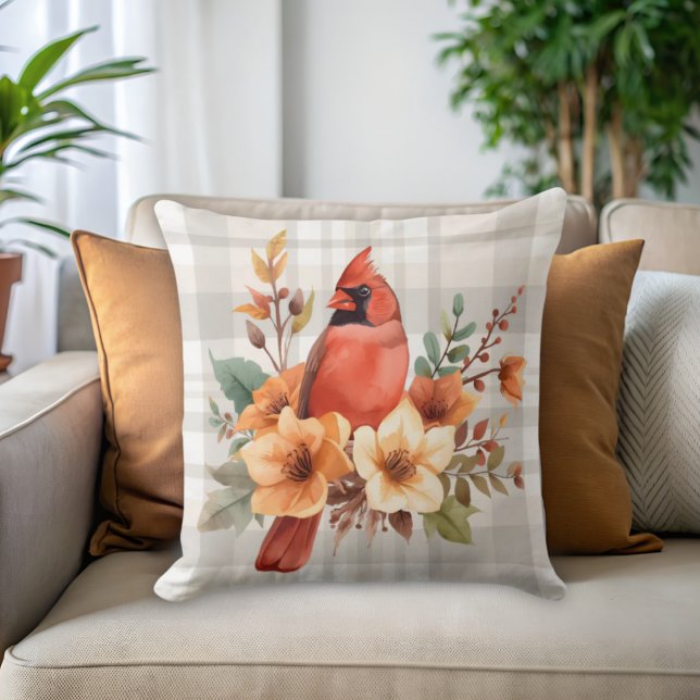 Kardinal mit Herbst-Blume und Kariert Kissen (Cardinal floral and plaid throw pillow)