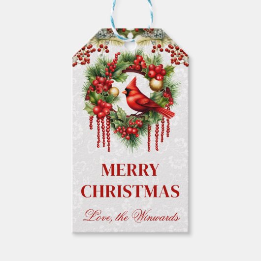 Kardinal mit Kranz-Weihnachtsdesign Geschenkanhänger (Vorderseite)