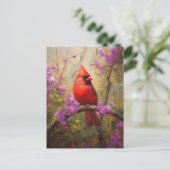 Kardinal mit violetten Blumen Postkarte (Stehend Vorderseite)
