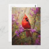 Kardinal mit violetten Blumen Postkarte (Vorne/Hinten)