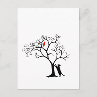 Kardinal Red Bird in Snowy Winterbaum & Katze Postkarte
