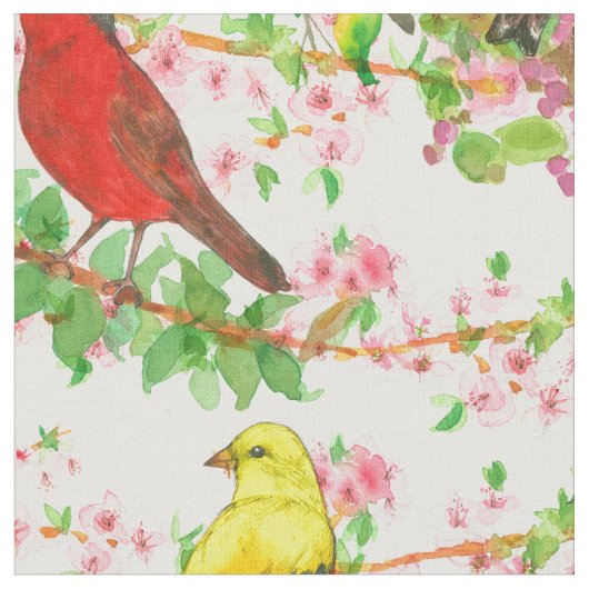 Kardinal Robins Goldfinch Spring Tree Botanisch Stoff (Nahaufnahme)