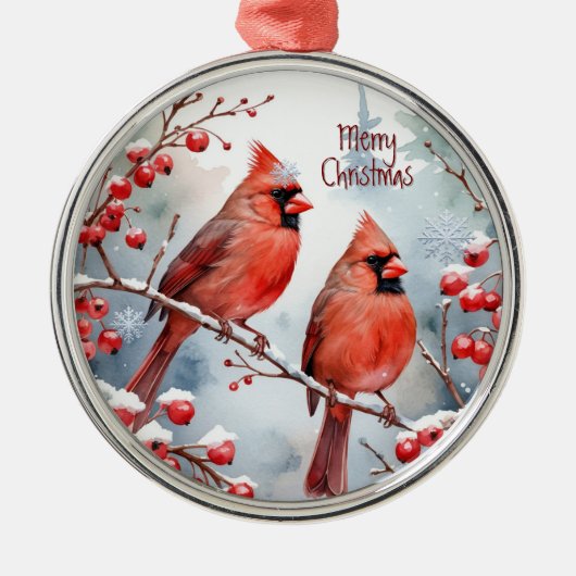 Kardinal Roter Bird Winterwald Ornament Aus Metall (Vorne)