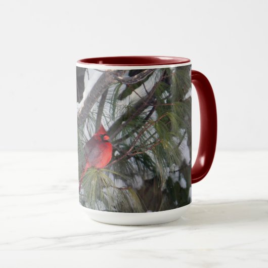Kardinal Snow Pine Tree Foto Tasse (VorderseiteRechts)