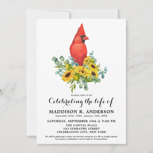 Kardinal Sonnenblumen Beerdigung des Lebens Einladung (Vorderseite)