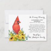 Kardinal Sunflowers Beileid Gedenkfeier Beerdigung Dankeskarte (Vorderseite)