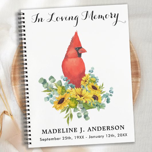 Kardinal Sunflowers Gedächtnisfeier Gästebuch Notizblock