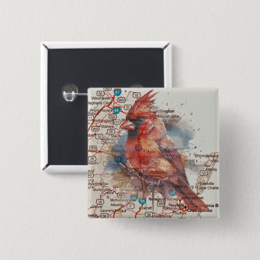 Kardinal über Virginia Road Map Button (Vorne & Hinten)