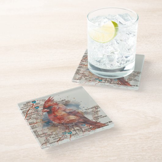 Kardinal über Virginia Road Map Glasuntersetzer (Schrägansicht)