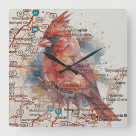 Kardinal über Virginia Road Map Quadratische Wanduhr