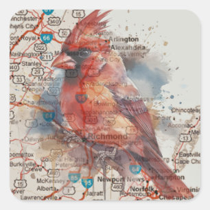 Kardinal über Virginia Road Map Quadratischer Aufkleber