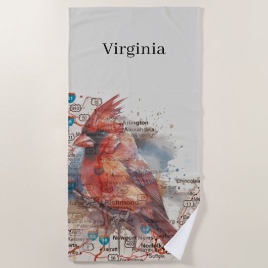Kardinal über Virginia Road Map Strandtuch (Vorderseite)