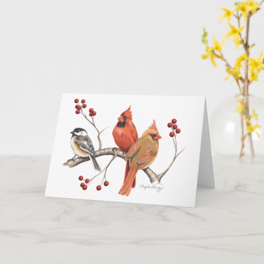 Kardinal und Chickadee mit Winterbergfrüchten Karte (Gelbe Blume)
