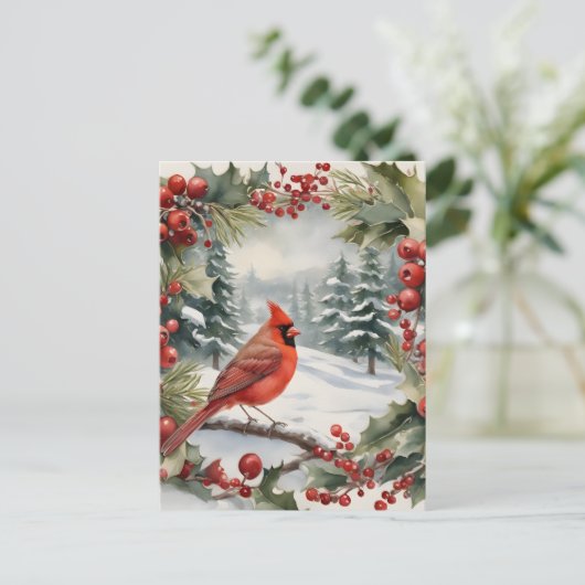 Kardinal und Holly Holiday Postkarte (Stehend Vorderseite)